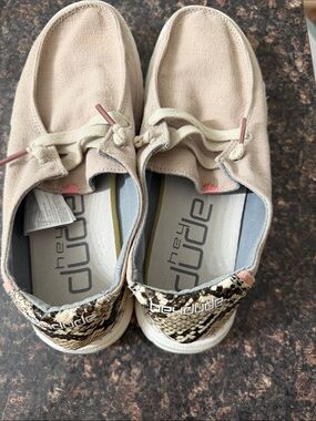 Hey Dude Wendy Beige Canvas Slip-On Moccasins with Snake-Print Heel